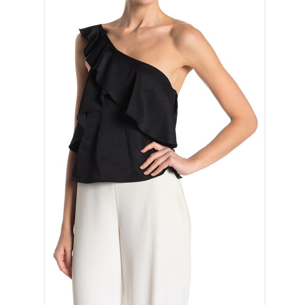 Ramy Brook Alexandria One Shoulder Ruffle Crop Top Women L Black Cocktail Party